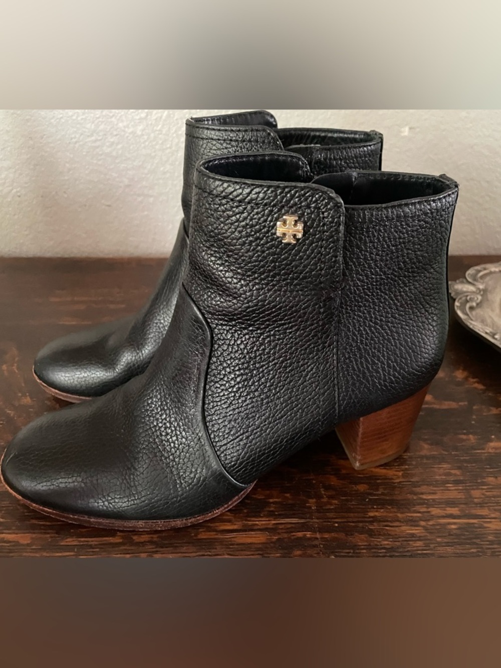 Tory Burch Black Leather Ankle Booties with Wood Heel